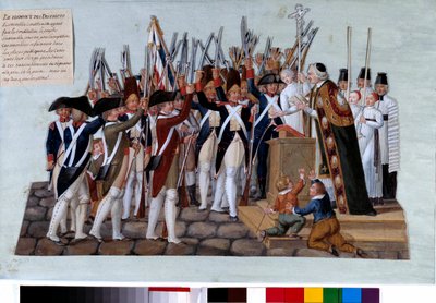 Rewolucja francuska: przysięga okręgów. Po ogłoszeniu Konstytucji ludność zgromadzona na placach, wiecach przewodniczył uzdrowicielom. Gwasz des freres Lesueur (XVIII wiek). 1789. Paryż, Musee Carnavalet autorstwa Lesueur Brothers