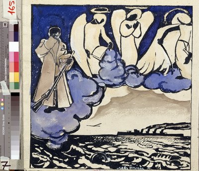 ""Wojna. Rosja. 1914"" Alegoria pierwszej wojny światowej. Żołnierz i anioły. Pióro i gwasz, Lew Bruni (1894-1948) 1914 Państwowe Muzeum Historii, Architektury i Sztuki, Rybinsk, Rosja autorstwa Lev Aleksandrovitc Bruni