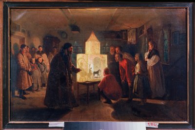 Czarodziejska latarnia w chłopskim domu - obraz Lwa Grigoriewicza Sołowjowa (1837-1919), olej na płótnie autorstwa Lev Grigoryevich Solovyev