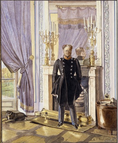 Portret wielkiego księcia Konstantego Pawłowicza Rosji (1779-1831), przed kominkiem. (Portret Wielkiego Księcia Konstantyna Pawłowicza Rosji przy kominku). Praca Lwa Iwanowicza Kilonia (?-1851), akwarela na papierze autorstwa Lev Ivanovich Kiel