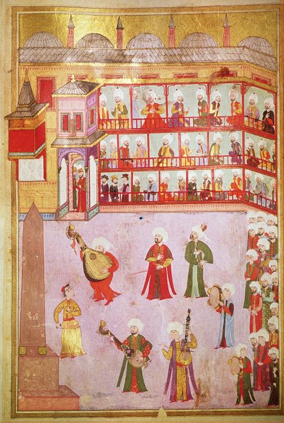 TSM H.1344 Tancerz i muzycy grający na festiwalu, 1582-83 autorstwa Levni