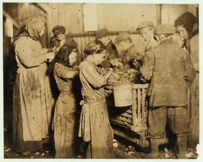Shuckers w wieku około 10 lat, otwierając ostrygi w Barn und Platt Canning Company, Yonges Island, Południowa Karolina, 1913 autorstwa Lewis Wickes Hine