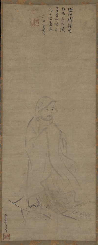 Bodhidharma przekraczający rzekę Jangzi na trzcinie, przed 1317 r. autorstwa Li Yaofu