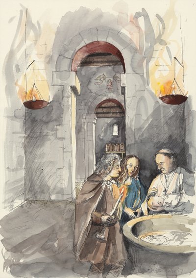 Chrzest w kościele św. Piotra, Barton-upon-Humber, Lincolnshire (akwarela na papierze) autorstwa Liam Wales