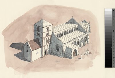 Rysunek rekonstrukcyjny kościoła św. Piotra w XVIII wieku (akwarela na papierze) autorstwa Liam Wales