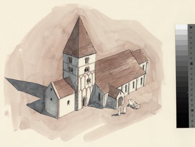 Rysunek rekonstrukcyjny kościoła św. Piotra w okresie normańskim (akwarela na papierze) autorstwa Liam Wales