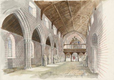 Rekonstrukcja nawy kościoła opactwa w Shap Abbey ok. 1530 r. (akwarela na papierze) autorstwa Liam Wales