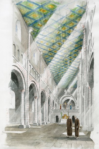 Rekonstrukcja wnętrza kościoła Old Sarum (akwarela na papierze) autorstwa Liam Wales