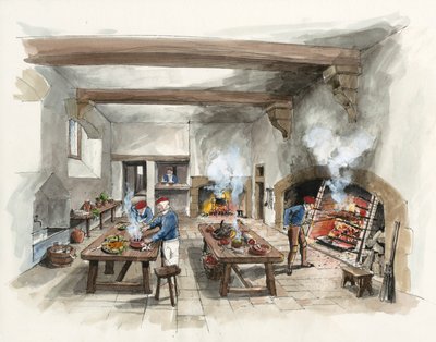 Rekonstrukcja kuchni w Hardwick Old Hall w 1601 roku (akwarela na papierze) autorstwa Liam Wales