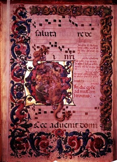 Strona z nutami z historycznym inicjałem G przedstawiającym Pokłon Trzech Króli, z antyfonału, c.1473-79 autorstwa Liberale da Verona