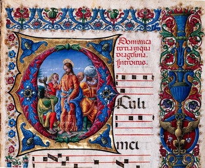 Biblioteka Piccolomini: księga chóralna, dorsz. 21,6 i nast. 2r z „Wyrzuceniem ducha nieczystego”, Liberale da Verona (ok. 1445-1527/9). Szczegół. autorstwa Liberale da Verona