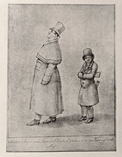 Austria, Wiedeń, Karykatura austriackiego śpiewaka barytonowego Johanna Michaela Vogla i kompozytora Franza Petera Schuberta, ok. 1825, rysunek ołówkiem autorstwa Unbekannt Unbekannt