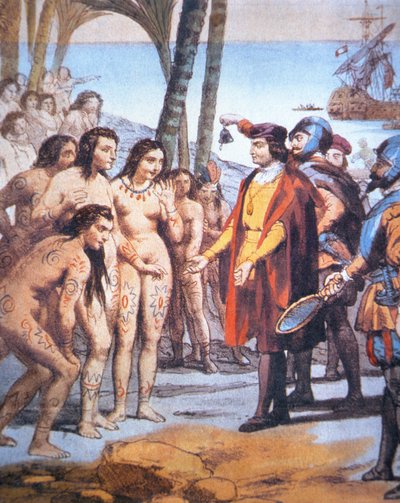 Krzysztof Kolumb ląduje w Nowym Świecie w 1492 roku i zostaje witany przez Indian Taino (kolor lito) autorstwa Unbekannt Unbekannt