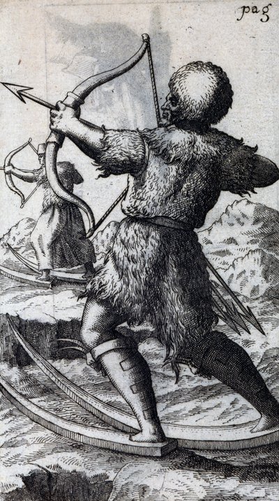 Myśliwy z łukiem i strzałą na krótkich nartach, ilustracja z De Calceo Antiquo, autorstwa B Balduinus autorstwa Unbekannt Unbekannt