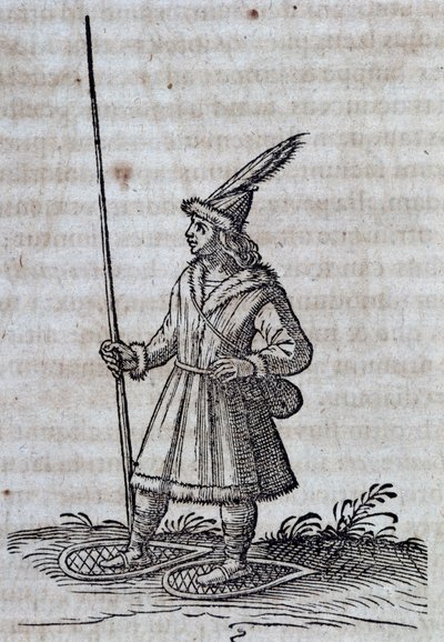 Mieszkaniec Kanady (Francja Canadienne) z rakietami śnieżnymi, ilustracja z Description de la Nouvelle France autorstwa Unbekannt Unbekannt