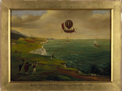 Wynalazca Jean Pierre (Jean-Pierre) Blanchard (1753-1809) i amerykański naukowiec John Jeffries (Jefferies lub Gefferies) (1744-1819) przelatują przez kanał La Manche w latającej maszynie przypominającej łódź wyposażoną w balon na ogrzane powietrze 7/01 /1 autorstwa Unbekannt Unbekannt