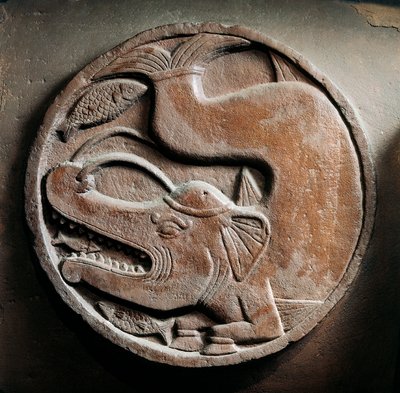 Medalion ze zwierzęciem morskim z głowy słonia pożerającego ryby, płaskorzeźba ze Stupy Bharhut, pomnik buddyjski, Madhya Pradesh, Indie, Cywilizacja indyjska, II w. p.n.e. autorstwa Unbekannt Unbekannt