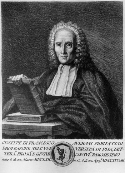 Portret Giuseppe Averaniego, znanego jako Averanus (1662-1738), włoskiego prawnika i przyrodnika, akwaforta z serii portretów wybitnych toskańskich mężczyzn, wydanej przez Allegrini autorstwa Unbekannt Unbekannt