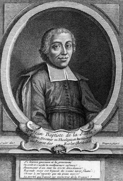 Portret św. Jana Chrzciciela de La Salle (1651-1719), francuskiego księdza, reformatora oświaty i założyciela Instytutu Braci Szkół Chrześcijańskich, rycina autorstwa Unbekannt Unbekannt