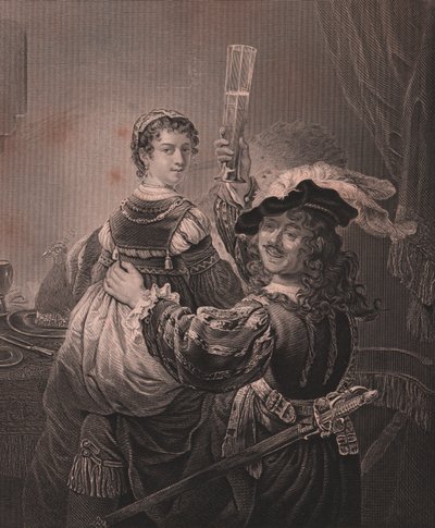 Rembrandt z żoną Saskią, grawer H Payne z obrazu Rembrandta z Królewskiej Galerii Drezdeńskiej Payne, Albert Henry Payne, H Payne Dresden i Leipzig Publisher, ok. 1840 autorstwa Unbekannt Unbekannt