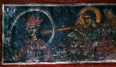 Święty grający na rogu, fresk w kościele Agios Ioannis Prodromos, Margarites, Kreta, Grecja (foto) autorstwa Unbekannt Unbekannt