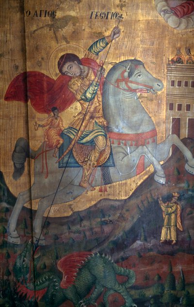St George and Dragon, fragment drewnianego panelu w kościele Agia Paraskevi, Anisaraki, Kreta, Grecja (zdjęcie) autorstwa Unbekannt Unbekannt