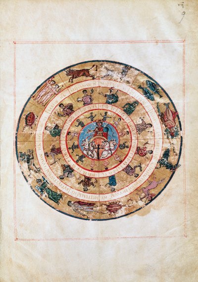 Rydwan słoneczny i znaki zodiaku, miniatura z rękopisu z wczesnego średniowiecza, tablica astronomiczna Ptolemeusza (ok. 100-175), cywilizacja hellenistyczna autorstwa Unbekannt Unbekannt