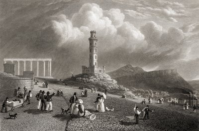 Pomnik Nelsona, Calton Hill, Edynburg, z „Wybrane widoki głównych miast Europy” rytowany przez Kernota, opublikowany w Londynie, 1832 autorstwa Lieutenant-Colonel Batty