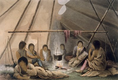 Wnętrze namiotu Indian Cree, 1824 r. autorstwa Lieutenant Hood