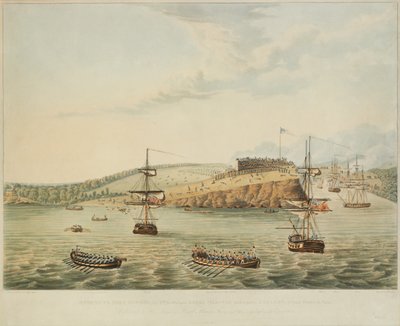 Atak na Fort Oswego, Jezioro Ontario, Ameryka Północna. 6 maja 1814, południe i Storming Fort Oswego przez drugi batalion Royal Marines i grupę marynarzy, 15 metrów po dwunastej w południe, grawerowane przez R. Havell, 1815 autorstwa Lieutenant J. Hewitt