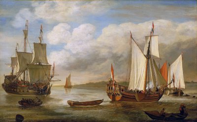 Różnorodne holenderskie łodzie: żaglówki, statki i barki. Olej na płótnie autorstwa Lieve Pietersz Verschuier (1630-1686). autorstwa Lieve Verschuier