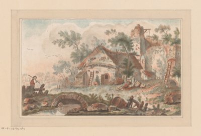 Dom przed zrujnowaną bramą miejską, na pierwszym planie mężczyzna na moście autorstwa Liger (attributed to)