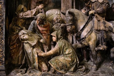 Element ołtarza, panel środkowy, detal, omdlenie Dziewicy (kamień malowany) autorstwa Ligier Richier