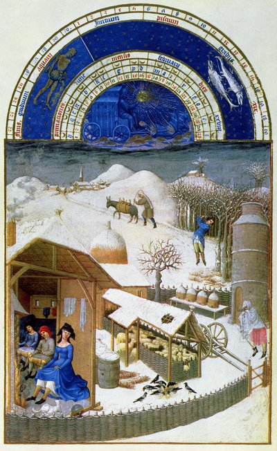 Faksymile z lutego: scena podwórkowa z chłopami, skopiowana z „Tres Riches Heures du Duc de Berry” (oryginał patrz 8434) autorstwa Limbourg Brothers