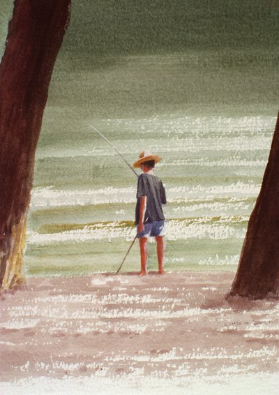 Henry Fishing, 1990 (akryl na papierze) autorstwa Lincoln Seligman