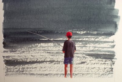 Henry Fishing, Alpy, 1990 (akryl na papierze) autorstwa Lincoln Seligman