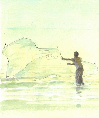 Lone Fisherman 2, 2015 (pióro i atrament z toaletą na papierze) autorstwa Lincoln Seligman