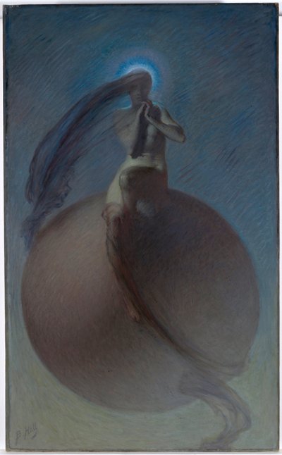""La quete"" (Poszukiwanie) Zjawiskowe przedstawienie, kobieca sylwetka umieszczona na globusie - Obraz Lindsay Bernard Hall (1859-1935) ok. 1905 - Olej na płótnie Wymiary 154x94,5 cm National Gallery of Australia, Canberra autorstwa Lindsay Bernard Hall