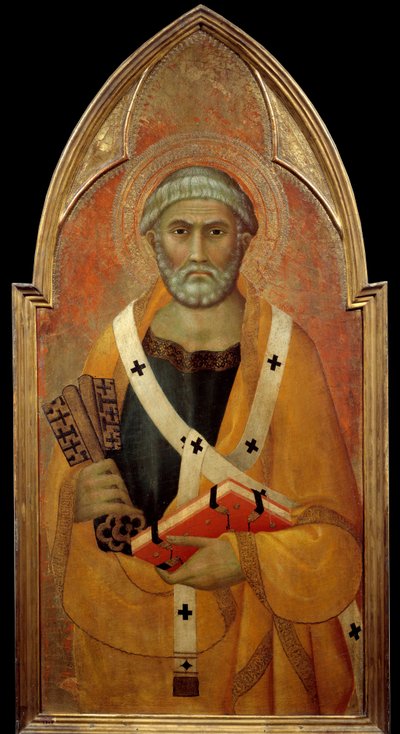 Przedstawienie św. Piotra (San Pietro) Detrempe na drewnie autorstwa Lippo Memmi (znanego w latach 1317-1347) XIV w. Słońce. 0,94x0,44 m - Reprezentacja św. Piotra (San Pietro). Tempera na drewnie autorstwa Lippo Memmi (znana od 1317 do 1347) autorstwa Lippo Memmi