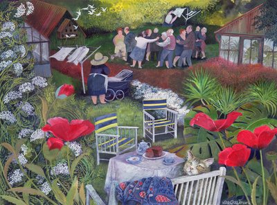 Przyjęcie dla straży sąsiedzkiej, 1995 (tusz akrylowy, gwasz) autorstwa Lisa Graa Jensen