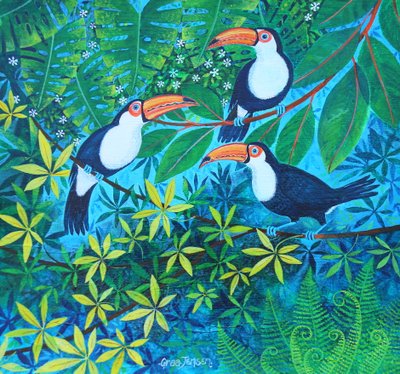 Toucan Threesome, 2024 (akryl na płótnie) autorstwa Lisa Graa Jensen