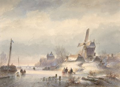Pejzaż zimowy z zamarzniętą rzeką, XIX w. autorstwa Lodewijk Johannes Kleijn