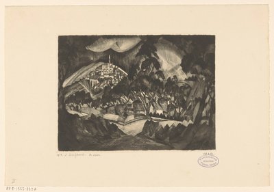 Pagórkowaty krajobraz z drzewami i budynkami Le Soir (oryginalny tytuł na obiekcie) autorstwa Lodewijk Schelfhout (signed by artist)