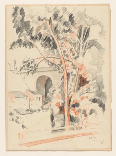Domy i drzewa pod wiaduktem w Remouchamps autorstwa Lodewijk Schelfhout (signed by artist)