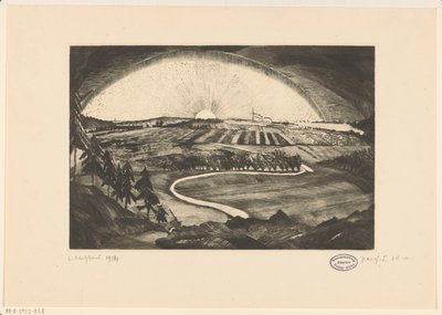 Wschodzące lub zachodzące słońce nad pagórkowatym krajobrazem La Bruyere (oryginalny tytuł na obiekcie) autorstwa Lodewijk Schelfhout (signed by artist)