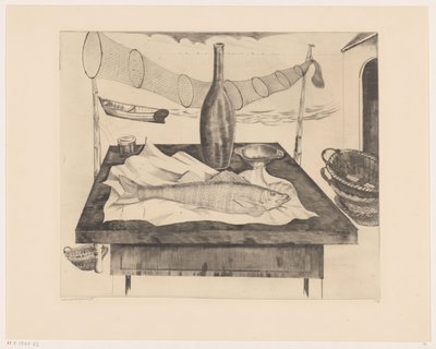 Martwa natura z rybą, butelką i siecią rybacką Après la pêche (tytuł oryginalny) autorstwa Lodewijk Schelfhout (signed by artist)
