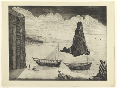 Dwa zacumowane statki na plaży Le Rocher (tytuł oryginalny) autorstwa Lodewijk Schelfhout (signed by artist)