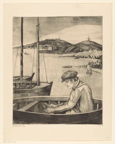 Rybak na zacumowanym statku Le Pecheur (tytuł oryginalny) autorstwa Lodewijk Schelfhout (signed by artist)