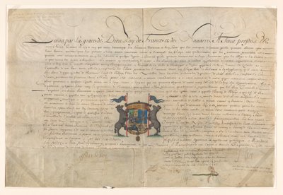 Dyplom, na mocy którego Ludwik XIV podniósł Cornelis Lampsins do stopnia barona Tobago i kawalera Orderu Świętego Michała autorstwa Lodewijk XIV (koning van Frankrijk) (signed by artist)