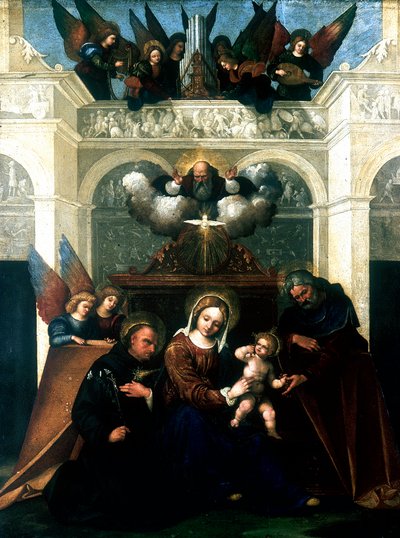 „Święta Rodzina ze św. Mikołajem z Tolentino”, 1515-1530 autorstwa Lodovico Mazzolini